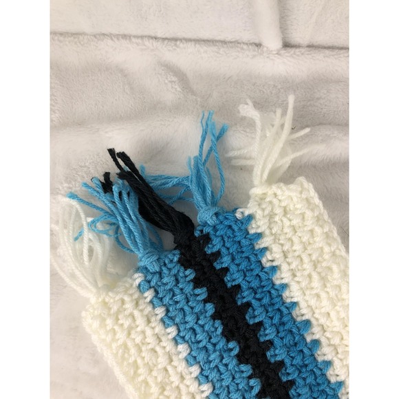 Handmade Crochet Scarf Blue White Black Striped Winter Knit Soft Fringe - Picture 2 of 3